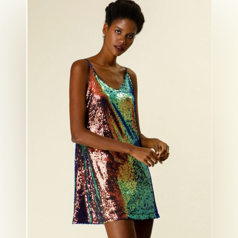 NWT Allegra K navy blue trimmed multi colored sequined dress. Beautiful colors!